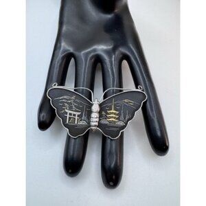 Vintage Amita Japanese Damascene Butterfly Pagoda Scene Sterling Silver Brooch